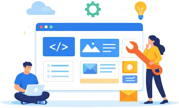 Flat illustration of two people building a website interface with code and tools.